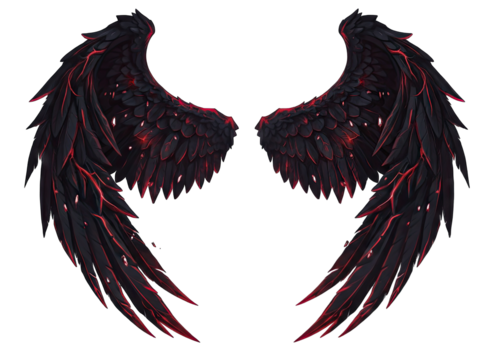 Pair Of Pixel Art Dark Angel Wings With Fiery Red Glowing Embers And Sparks Against A Transparent Background Detailed Feather Texture