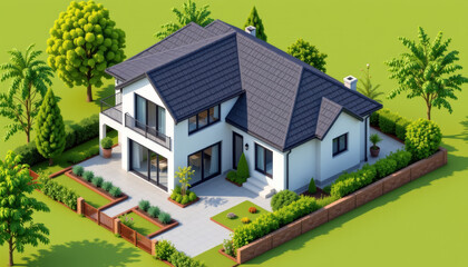 Obraz premium Modern house suburban home white facade dark roof green garden isometric view sunny day landscaped yard