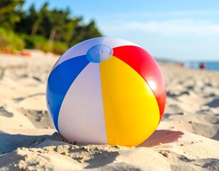 Colorful beach ball sits on light sand, with a blurry ocean and blue sky background
