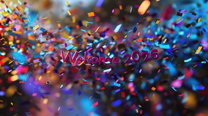 Welcome 2026 text with colorful confetti falling for festive event announcements.