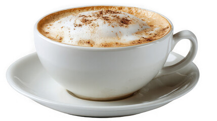 Delicious cappuccino in a white cup with foam and powder, isolated on transparent background