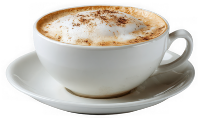 Delicious cappuccino in a white cup with foam and powder, isolated on transparent background