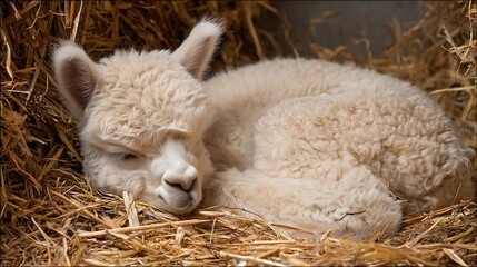 Obraz premium Sleeping Baby Alpaca Resting Peacefully in Straw on a Farm
