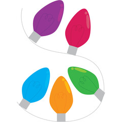Set of Five Colorful Christmas String Lights Featuring Purple Pink Blue Orange and Green Bulbs Arranged in an S Shape on a Transparent Background