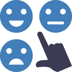 Set of four blue facial expressions including happy neutral and sad faces with a dark blue hand cursor pointing to the sad face against a transparent background