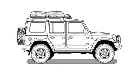 A detailed line art illustration of a rugged four-door off-road SUV with a roof rack and spare tire, ready for adventure.