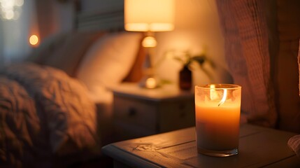 A candle burning on a nightstand in a bedroom with a lamp and bed in the background at night time