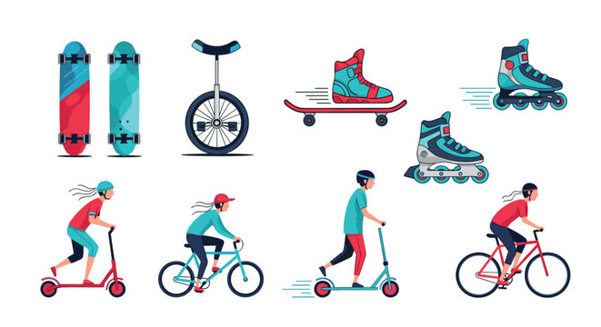 Illustrations of diverse wheeled sports activities and equipment, including cycling, scootering, rollerblading, and skateboarding.