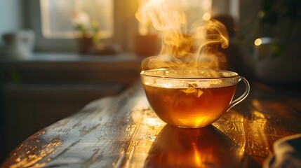 A clear glass cup of tea with rising steam sits on a reflective surface in a warm light setting