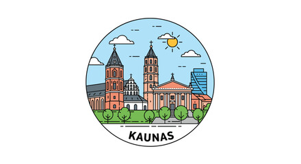 A vibrant vector illustration capturing the iconic cityscape of Kaunas, Lithuania, showcasing its historic architecture and modern skyline under a sunny sky.