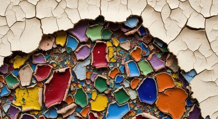Colorful mosaic revealed beneath peeling paint evoking urban decay and vibrant texture