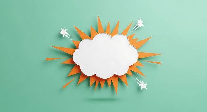 Explosion of orange and white paper shapes with small stars on a teal background