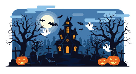 A spooky Halloween night scene featuring a haunted house, flying bats, ghoulish ghosts, and glowing jack-o'-lanterns in a graveyard.