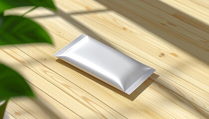 Silver Foil Snack Bar on Wooden Surface Mockup
