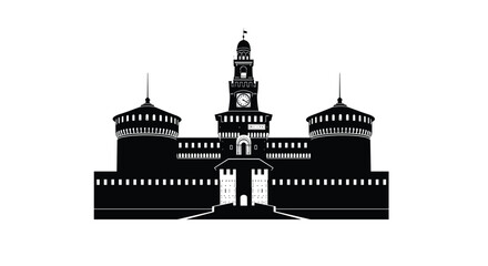 Striking black and white silhouette of Sforza Castle in Milan, Italy, featuring its famous central clock tower and robust defensive bastions.