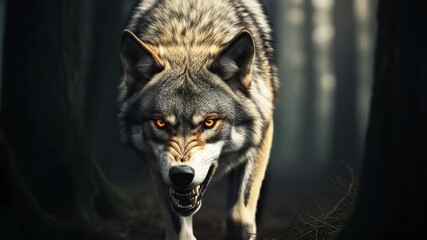 An angry wolf with glowing eyes stalks forward through a dark forest, teeth bared in a threatening display of aggression - Powered by Adobe