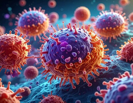 Colorful abstract rendering of pathogens with spikes floating against a textured ground