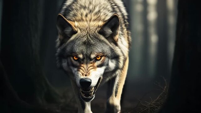 An angry wolf with glowing eyes stalks forward through a dark forest, teeth bared in a threatening display of aggression