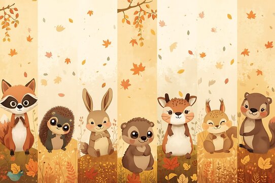 Charming autumn forest friends gathered together in a whimsical woodland scene