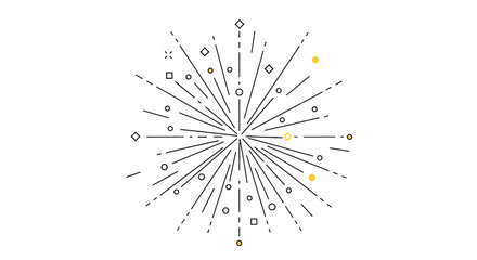 Minimalist starburst design with radiating lines, geometric shapes, and subtle yellow highlights, on a clean white background.