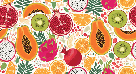Colorful tropical fruit seamless pattern featuring vibrant illustrations of papayas, kiwis, pomegranates, dragon fruits, and citrus slices.