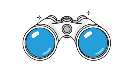 Bright white cartoon binoculars with vibrant blue lenses and subtle sparkle accents, representing concepts like search, vision, and discovery.