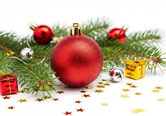 Festive Holiday Decorations Red Baubles, Pine Sprigs, and Golden Accents for Seasonal Cheer