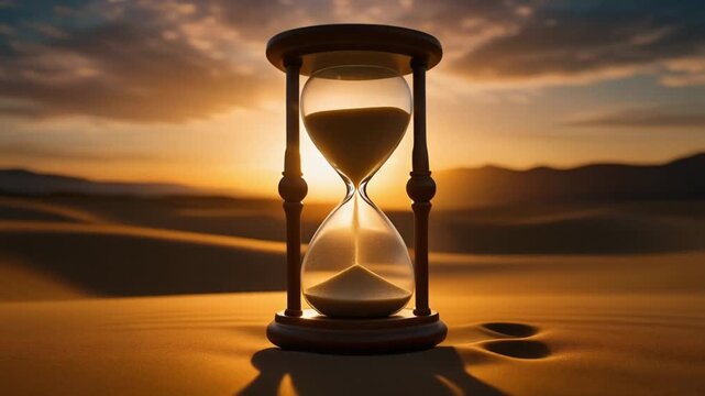 Hourglass in a vast desert landscape at sunset, symbolizing the profound passage of time and the captivating beauty of fleeting moments as grains of sand gracefully fall through
