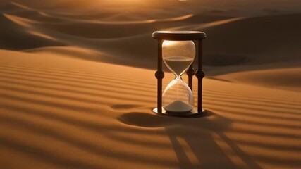 A classic hourglass measures the final moments as sand flows through its glass bulbs in a vast, timeless desert landscape at sunset