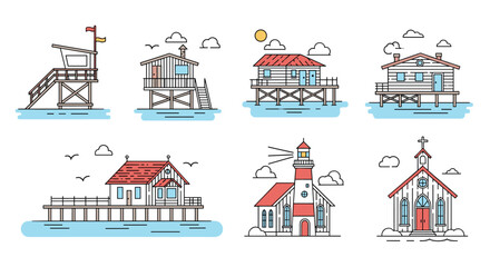 Coastal buildings and structures in a minimalist line art style, including a lifeguard station, beach houses, lighthouse, and church; illustration for design projects and concepts.