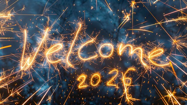 Welcome year two thousand twenty six written in sparklers on a dark blue background with light trails - Powered by Adobe