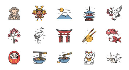 A vibrant set of flat line icons showcasing popular Japanese culture, iconic symbols, famous landmarks, and traditional food.