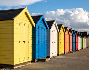 Colorful beach huts line a concrete walkway under a blue sky with puffy clouds