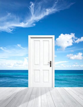 White door opening to ocean view with bright blue sky