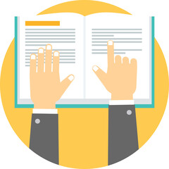 Hands Holding Open Book Reading With Finger Pointing To Text Focused On Learning And Knowledge Within A Yellow Circle With White Background