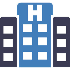 Healthcare Building Facade With Blue And Dark Gray Exterior And H Symbol On Top Representing Medical Facility
