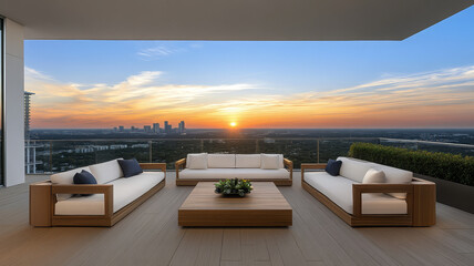Fototapeta premium Modern outdoor lounge with wooden furniture, city skyline, sunset, and serene atmosphere