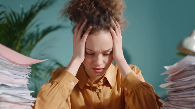 Young woman feeling overwhelmed by heavy workload and document piles office environment stress burnout paperwork deadline pressure