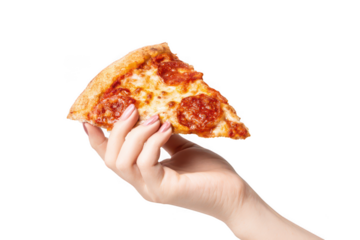 Hand holding pizza slice isolated on transparent background