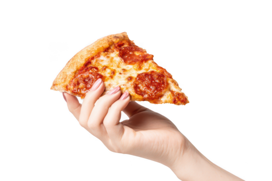 Hand holding pizza slice isolated on transparent background