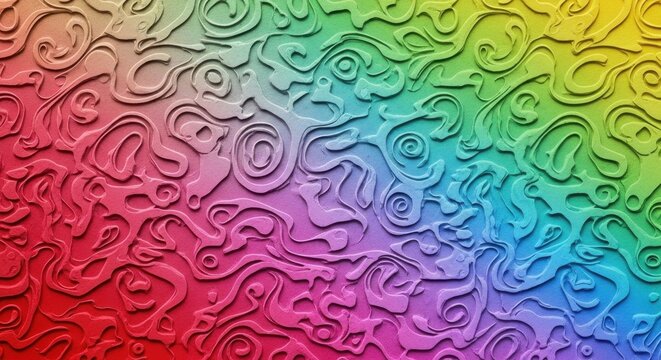 Vibrant abstract background featuring a smooth rainbow gradient with embossed swirling patterns