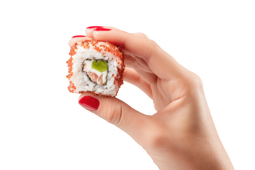 Hand holding sushi roll isolated on transparent background