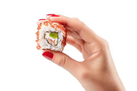 Hand holding sushi roll isolated on transparent background
