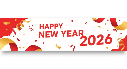 Celebrate New Year 2026 with festive red and gold ribbons and confetti, perfect for holiday greetings, invitations, and social media banners.