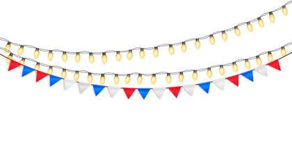 String of glowing yellow light bulbs and red white blue pennant banner garland decoration isolated on transparent background