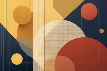 Abstract geometric composition featuring overlapping circles and rectangles in warm earth tones and deep navy blue