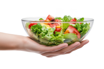 Hand holding a salad bowl isolated on white isolated on transparent background