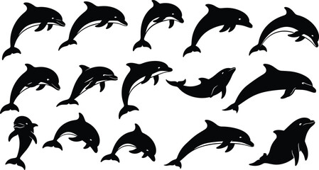 Dolphin silhouette illustration set, swimming and jumping poses, black vector, marine animal, ocean movement, aquatic design, wildlife artwork