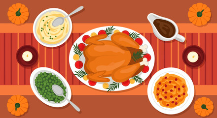 A flat-lay vector illustration of a traditional Thanksgiving feast features a roasted turkey, mashed potatoes, peas, sweet potatoes, and gravy arranged on a warm, striped autumn table runner