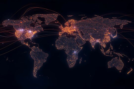 Global city lights map illustrating urban sprawl and connectivity across continents at night - Powered by Adobe